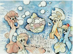 Size: 7224x5423 | Tagged: applejack, artist:nedemai, derpibooru import, fish, fluttershy, movie, my little pony: the movie, pinkie pie, puffer fish, rainbow dash, safe, scene interpretation, seaponified, seapony applejack, seapony fluttershy, seapony (g4), seapony pinkie pie, seapony rainbow dash, species swap, spike, spike the pufferfish, underwater