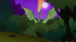 Size: 2880x1620 | Tagged: derpibooru import, dragon, dragonfire, everfree forest, fire, fire breath, forest, full moon, male, moon, night, owl's well that ends well, reginald, safe, screencap, spread wings, tattered, tattered wings, tree, wings