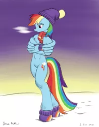 Size: 1024x1304 | Tagged: artist:rockhoppr3, barbie doll anatomy, beanie, beanie hat, boots, clothes, derpibooru import, featureless crotch, hat, hug, pegasus, rainbow dash, safe, scarf, self-hugging, semi-anthro, shoes, solo, winghug