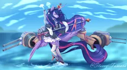 Size: 5000x2770 | Tagged: safe, artist:starry-tamara, derpibooru import, princess twilight 2.0, twilight sparkle, twilight sparkle (alicorn), alicorn, pony, semi-anthro, the last problem, airship, anime, anime style, armor, azur lane, battleship, beautiful, butt wings, cannon, clothes, crown, giant pony, hms queen elizabeth, holding hooves, jewelry, macro, maid, miniskirt, open mouth, pleated skirt, regalia, ship, skirt, socks, stockings, thigh highs, video game, wings
