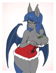 Size: 1245x1620 | Tagged: suggestive, artist:skecchiart, derpibooru import, oc, oc:racket rhine, anthro, bat pony, big breasts, breasts, christmas, cleavage, clothes, dress, female, hearth's warming eve, holiday, holly, holly mistaken for mistletoe, looking at you, rule 63, solo