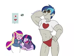 Size: 1229x938 | Tagged: suggestive, artist:ponyretirementhome, derpibooru import, princess cadance, shining armor, twilight sparkle, equestria girls, abs, alternate hairstyle, belly button, brother and sister, buff, clothes, female, laughing, male, muscles, red underwear, shiningcadance, shipping, shirt, short shirt, siblings, simple background, skirt, snickering, stifling laughter, straight, suit, sunglasses, t-shirt, underwear, white background