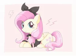 Size: 2048x1520 | Tagged: safe, artist:arrow__root, derpibooru import, fluttershy, pegasus, pony, abstract background, choker, clothes, cute, female, folded wings, hairband, lightning, looking at you, mare, prone, shyabetes, solo, wings