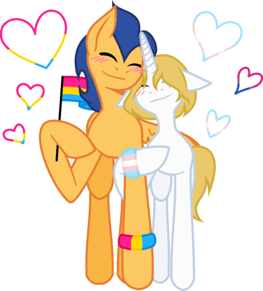 Size: 973x1078 | Tagged: safe, artist:ilovemlp18, derpibooru import, flash sentry, prince blueblood, pegasus, pony, unicorn, bisexual pride flag, bluesentry, blushing, eyes closed, female, gay, headcanon, heart, hug, lgbt headcanon, male, mare, pansexual pride flag, pride, pride flag, princess bluebelle, raised hoof, rule 63, sexuality headcanon, shipping, simple background, stallion, straight, trans boy, transgender, transgender pride flag, transparent background, wristband