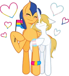 Size: 973x1078 | Tagged: safe, artist:ilovemlp18, derpibooru import, flash sentry, prince blueblood, pegasus, pony, unicorn, bisexual pride flag, bluesentry, blushing, eyes closed, female, gay, headcanon, heart, hug, lgbt headcanon, male, mare, pansexual pride flag, pride, pride flag, princess bluebelle, raised hoof, rule 63, sexuality headcanon, shipping, simple background, stallion, straight, trans boy, transgender, transgender pride flag, transparent background, wristband