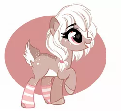 Size: 2048x1872 | Tagged: safe, artist:emberslament, derpibooru import, oc, oc:cinnamon cream, unofficial characters only, deer, deer pony, original species, abstract background, clothes, cute, eye clipping through hair, female, heart eyes, raised hoof, socks, solo, striped socks, wingding eyes