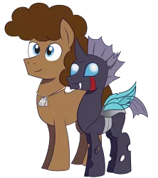 Size: 1577x1773 | Tagged: safe, artist:feralroku, derpibooru import, oc, oc:cotton tales, oc:strong runner, unofficial characters only, changeling, pony, 2020 community collab, derpibooru community collaboration, dog tags, simple background, smiling, transparent background