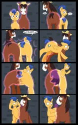Size: 5000x8000 | Tagged: safe, artist:chedx, author:bigonionbean, derpibooru import, flash sentry, trouble shoes, oc, oc:fast hooves, clydesdale, earth pony, pegasus, pony, comic:the fusion flashback, butt, comic, commissioner:bigonionbean, confused, flank, forced, fuse, fusion, fusion:fast hooves, large butt, magic, merging, panicking, plot, potion, swelling