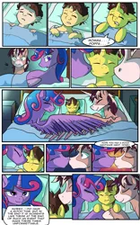 Size: 1800x2884 | Tagged: safe, artist:candyclumsy, author:bigonionbean, derpibooru import, oc, oc:king speedy hooves, oc:queen galaxia, oc:tommy the human, alicorn, human, pony, comic:nightmare pulsar, alicorn oc, bad dream, bed, bedroom, canterlot, canterlot castle, clothes, colt, comic, commissioner:bigonionbean, concerned, cute, dawwww, family, father and child, father and son, female, fusion, fusion:king speedy hooves, fusion:queen galaxia, halloween, holiday, horn, human oc, human to pony, husband and wife, kissing, levitation, loving embrace, magic, male, mother and child, mother and son, nightmare night, nuzzles, nuzzling, pajamas, peaceful, reassurance, reversion, scared, sleeping, stallion, telekinesis, tired, together forever, transformation, wing extensions, wings, yawn