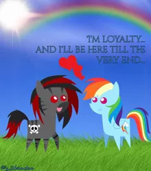 Size: 902x1024 | Tagged: safe, artist:z3bradan, derpibooru import, rainbow dash, oc, pegasus, pony, zebra, brony musician, canon x oc, chibi, duo, female, grass, heart, love, male, pointy ponies, quote, rainbow, shipping, sky, sun