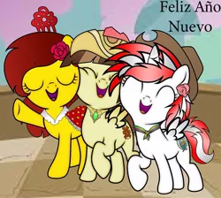 Size: 960x859 | Tagged: safe, artist:victor mlp, derpibooru import, oc, oc:olé españa, oc:princess peruvia, oc:tailcoatl, ponified, alicorn, earth pony, pegasus, pony, alicorn oc, aztec, base used, female, filly, hat, horn, mexico, nation ponies, new year, peru, spain, wings