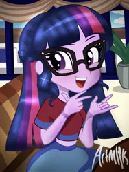 Size: 1536x2048 | Tagged: safe, artist:artmlpk, derpibooru import, sci-twi, twilight sparkle, equestria girls, adorkable, alternate hairstyle, braid, clothes, cruise, cruise ship, cute, dork, female, glasses, hair, looking at you, midriff, peace sign, plant, seat, short shirt, skirt, smiley face, solo, twiabetes