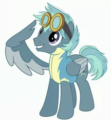 Size: 3738x4096 | Tagged: artist:emberslament, clothes, cute, derpibooru import, goggles, male, oc, oc:storm surge, pegasus, safe, simple background, stallion, uniform, unofficial characters only, white background, wing hands, wings, wing salute, wonderbolt trainee uniform