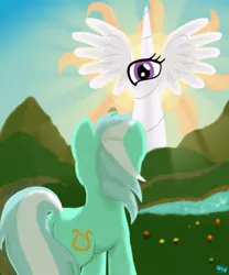 Size: 500x600 | Tagged: safe, artist:quint-t-w, derpibooru import, lyra heartstrings, princess celestia, pony, unicorn, back of head, cutie mark, eye, horn, illuminati, light, looking at each other, old art, wat, wings