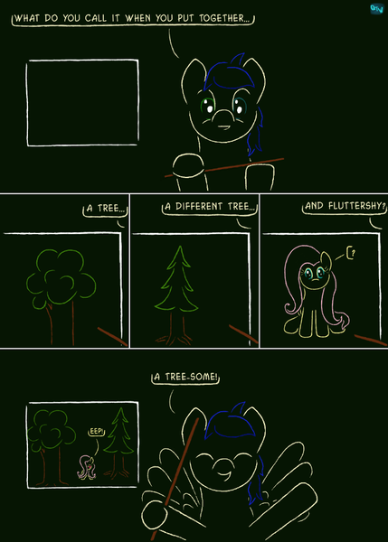 Size: 650x910 | Tagged: safe, artist:quint-t-w, derpibooru import, fluttershy, oc, oc:silly words, pegasus, pony, chalkboard, dark background, dialogue, embarrassed, looking at you, old art, pine tree, pointer, pun, question mark, simple background, tree