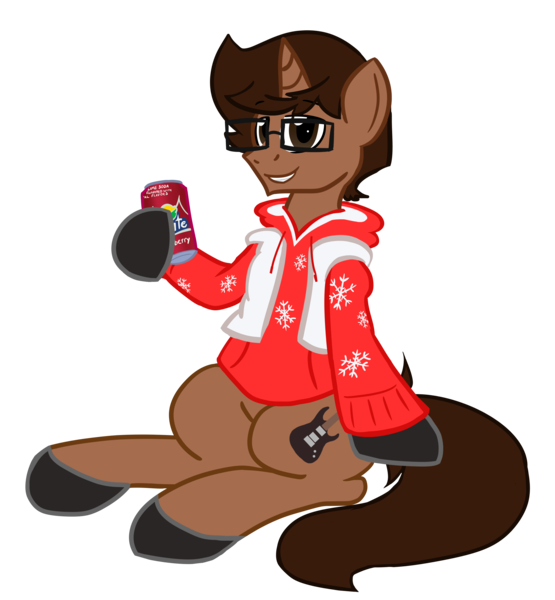 Size: 3023x3266 | Tagged: safe, artist:nerdymexicanunicorn, derpibooru import, oc, oc:nerdy, unofficial characters only, unicorn, 2020 community collab, derpibooru community collaboration, clothes, cutie mark, hoodie, male, simple background, sitting, smiling, soda can, solo, sprite cranberry, transparent background
