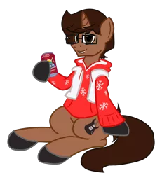 Size: 3023x3266 | Tagged: safe, artist:nerdymexicanunicorn, derpibooru import, oc, oc:nerdy, unofficial characters only, unicorn, 2020 community collab, derpibooru community collaboration, clothes, cutie mark, hoodie, male, simple background, sitting, smiling, soda can, solo, sprite cranberry, transparent background