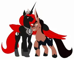 Size: 2807x2292 | Tagged: safe, artist:dragga, derpibooru import, oc, oc:darkness, oc:wacky quest, unofficial characters only, alicorn, pony, unicorn, alicorn oc, horn, looking at you, red and black oc, simple background, unicorn oc, white background, wings