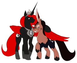 Size: 2807x2292 | Tagged: safe, artist:dragga, derpibooru import, oc, oc:darkness, oc:wacky quest, unofficial characters only, alicorn, unicorn, 2020 community collab, derpibooru community collaboration, alicorn oc, duo, horn, long ears, red and black oc, simple background, standing, transparent background, unicorn oc, wings