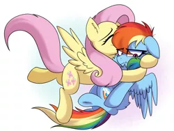 Size: 2000x1500 | Tagged: safe, artist:vale-bandicoot96, derpibooru import, fluttershy, rainbow dash, pegasus, pony, bashful, blushing, chest fluff, cute, dashabetes, eye clipping through hair, eyes closed, female, floppy ears, flutterdash, hug, lesbian, mare, nose wrinkle, shipping, shyabetes, simple background, spread wings, white background, wings