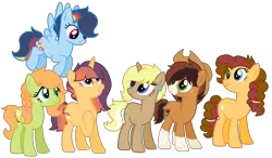 Size: 2336x1368 | Tagged: safe, artist:zafara1222, derpibooru import, oc, oc:apple fritter, oc:bailey sweet, oc:daybreak glimmer, oc:flare blitz, oc:marzipanini, oc:pastiche, unofficial characters only, earth pony, pegasus, pony, unicorn, base used, blaze (coat marking), colored wings, colored wingtips, cowboy hat, ear piercing, earring, female, flying, freckles, group shot, hair tie, hat, heterochromia, jewelry, mare, next generation, offspring, parent:applejack, parent:big macintosh, parent:cheese sandwich, parent:flash sentry, parent:fluttershy, parent:pinkie pie, parent:rainbow dash, parent:rarity, parent:soarin', parent:trenderhoof, parent:troubleshoes clyde, parent:twilight sparkle, parents:cheesepie, parents:flashlight, parents:fluttermac, parents:soarindash, parents:trenderity, parents:troublejack, piercing, simple background, socks (coat marking), transparent background, wings