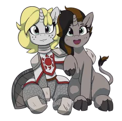 Size: 5000x4951 | Tagged: safe, artist:pabbley, derpibooru import, oc, oc:emerald whiplash, oc:solis, unofficial characters only, classical unicorn, unicorn, 2020 community collab, derpibooru community collaboration, armor, cloven hooves, hug, leonine tail, looking at you, shield, simple background, transparent background, unshorn fetlocks