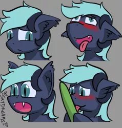 Size: 400x420 | Tagged: safe, artist:skydreams, derpibooru import, oc, oc:helium star, unofficial characters only, bat pony, ahegao, bat pony oc, bat wings, blushing, commission, cucumber, eeee, embarrassed, emoji, emotes, fangs, food, licking, male, open mouth, sad, stallion, tongue out, wings