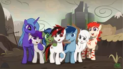 Size: 3840x2158 | Tagged: safe, artist:bernarddk, derpibooru import, oc, oc:blackjack, oc:boo, oc:lacunae, oc:morning glory (project horizons), oc:p-21, oc:rampage, oc:scotch tape, unofficial characters only, alicorn, earth pony, pegasus, pony, unicorn, fallout equestria, fallout equestria: project horizons, artificial alicorn, blue alicorn (fo:e), fanfic art, hoofington, horn, movie accurate, pjack, small horn, two toned mane