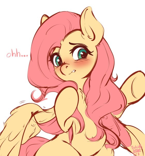 Size: 1392x1489 | Tagged: safe, artist:tohupo, derpibooru import, fluttershy, pegasus, pony, blushing, chest fluff, cute, ear fluff, female, mare, reaching, shyabetes, simple background, solo, spread wings, unsure, white background, wings