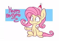 Size: 1300x900 | Tagged: safe, artist:heir-of-rick, derpibooru import, fluttershy, pegasus, pony, cute, dialogue, female, happy birthday, hat, mare, party hat, raised hoof, shyabetes, sitting, smiling, solo, three quarter view
