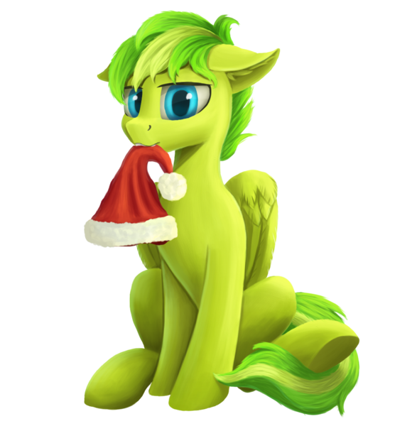 Size: 1000x1035 | Tagged: safe, artist:gouransion, derpibooru import, oc, oc:lime zest, unofficial characters only, pegasus, pony, 2020 community collab, derpibooru community collaboration, christmas, hat, holiday, looking at you, male, mouth hold, santa hat, simple background, sitting, solo, transparent background