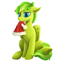 Size: 1000x1035 | Tagged: safe, artist:gouransion, derpibooru import, oc, oc:lime zest, unofficial characters only, pegasus, pony, 2020 community collab, derpibooru community collaboration, christmas, hat, holiday, looking at you, male, mouth hold, santa hat, simple background, sitting, solo, transparent background