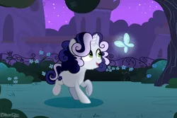 Size: 2904x1944 | Tagged: safe, artist:dianamur, derpibooru import, oc, oc:stormy, butterfly, pony, unicorn, flly, offspring, parent:rumble, parent:sweetie belle, parents:rumbelle, solo