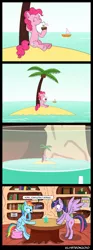 Size: 1495x4012 | Tagged: safe, artist:klystron2010, derpibooru import, big macintosh, pinkie pie, rainbow dash, twilight sparkle, twilight sparkle (alicorn), alicorn, earth pony, pegasus, pony, spider, fanfic:the spiderses, book, coconut, comic, cup, don't question it, don't question the pinkie pie, drink, female, food, golden oaks library, island, mare, micro, mini pony, miniature, miniature pony, ocean, palm tree, pinkie being pinkie, sitting, size difference, spread wings, straw in mouth, summer, surprised, surreal, tree, wat, wings