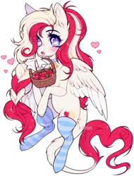 Size: 1003x1320 | Tagged: safe, artist:kitten-in-the-jar, derpibooru import, oc, oc:lullaby melody, pegasus, pony, basket, blushing, choker, clothes, female, food, heart, mare, simple background, socks, solo, strawberry, striped socks, transparent background, wingding eyes