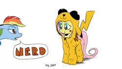 Size: 1200x675 | Tagged: artist:pony-berserker, clothes, cosplay, costume, cute, derpibooru import, fluttershy, footed sleeper, i can't believe it's not idw, kigurumi, nerd, otakushy, pajamas, pikachu, pokémon, pony-berserker's twitter sketches, rainbow dash, safe, shyabetes