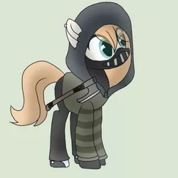 Size: 1020x1020 | Tagged: artist needed, safe, derpibooru import, oc, oc:star north, unofficial characters only, earth pony, pony, axe, clothes, cosplay, costume, creepypasta, female, full body, mare, piercing, simple background, solo, ticci toby cosplay, ticci-toby, viking axe, weapon