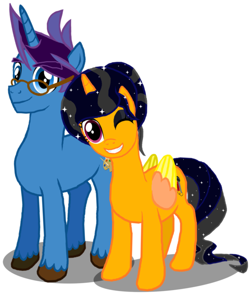 Size: 1704x2000 | Tagged: safe, artist:crisostomo-ibarra, derpibooru import, oc, oc:midnight shadows, oc:paint sketch, unofficial characters only, alicorn, pony, unicorn, 2020 community collab, derpibooru community collaboration, alicorn oc, female, glasses, horn, male, mare, one eye closed, simple background, smiling, stallion, transparent background, wings, wink