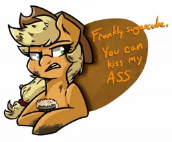 Size: 1831x1513 | Tagged: safe, artist:modularpon, deleted from derpibooru, derpibooru import, applejack, earth pony, pony, applejack is not amused, cider, dirty, kiss my ass, simple background, solo, unamused, vulgar, white background