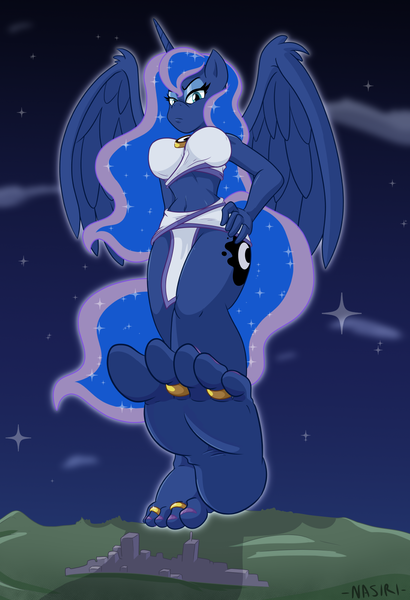 Size: 1093x1600 | Tagged: suggestive, artist:nasiri, derpibooru import, princess luna, alicorn, anthro, plantigrade anthro, pony, barefoot, breasts, busty princess luna, city, crush fetish, eyeshadow, feet, female, fetish, foot fetish, foot focus, giant pony, giantess, imminent crushing, macro, makeup, mega luna, nail polish, soles, this will end by being crushed from a giant pony/giant anthro, toe ring, toenails, toes