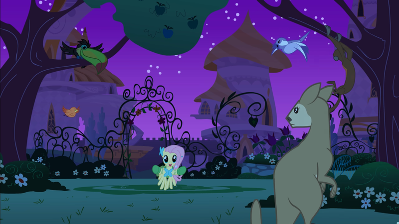 Size: 2880x1620 | Tagged: safe, derpibooru import, screencap, constance, fluttershy, bird, keel-billed toucan, monkey, pegasus, pony, spider monkey, toucan, wallaroo, the best night ever, animal, apple, apple tree, canterlot, canterlot gardens, female, food, mare, night, tree