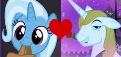 Size: 1448x680 | Tagged: bluetrix, derpibooru import, edit, edited screencap, female, male, prince blueblood, safe, screencap, shipping, shipping domino, straight, the best night ever, to where and back again, trixie