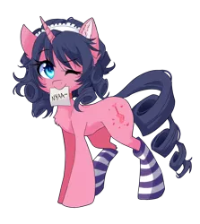 Size: 2345x2624 | Tagged: safe, artist:cynicalsonata, derpibooru import, oc, oc:cyan hijirikawa, ponified, unofficial characters only, pony, unicorn, 2020 community collab, derpibooru community collaboration, blue eyes, blue mane, blue tail, chest fluff, clothes, collar, crossover, curly mane, curly tail, cutie mark, cyan hijirikawa, ear fluff, female, headband, horn, lolita fashion, looking at you, mare, mouth hold, nya, pink coat, show by rock!!, sign, simple background, socks, solo, standing, striped socks, transparent background, unicorn oc, winking at you