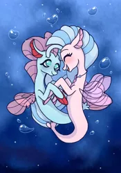 Size: 1400x2000 | Tagged: artist:emiiambar, bubble, derpibooru import, disguise, disguised changeling, female, fins, jewelry, lesbian, necklace, ocellus, ocellustream, open mouth, safe, seaponified, seapony (g4), seapony ocellus, shipping, silverstream, smiling, species swap, underwater, water