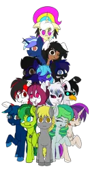 Size: 2478x4677 | Tagged: safe, artist:calena, derpibooru import, oc, oc:alexus, oc:aura skye, oc:autumn wind, oc:bluesome, oc:cloud icicle, oc:creega message, oc:duskwill, oc:evergreen feathersong, oc:jesus, oc:loi, oc:melizzano, oc:silph, oc:snowbi, oc:tiorafa, oc:trinity deblanc, unofficial characters only, earth pony, gryphon, pegasus, pony, unicorn, 2020 community collab, derpibooru community collaboration, bunny ears, group, group photo, simple background, transparent background