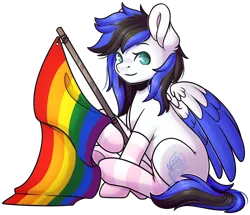 Size: 1884x1622 | Tagged: safe, artist:ak4neh, derpibooru import, oc, oc:black ice, unofficial characters only, pegasus, pony, clothes, cute, female, flag, looking at you, mare, pegasus oc, pride, pride flag, simple background, sitting, socks, solo, striped socks, transparent background, wings