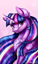 Size: 1399x2351 | Tagged: safe, artist:creativecocoacookie, derpibooru import, twilight sparkle, twilight sparkle (alicorn), alicorn, pony, twilight's kingdom, chest fluff, cute, ear fluff, female, heart, heart eyes, mare, pink background, rainbow power, simple background, solo, starry eyes, stars, twiabetes, wingding eyes