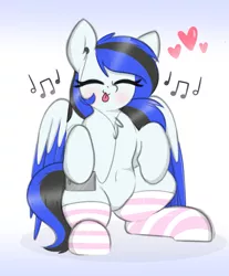 Size: 1751x2113 | Tagged: safe, artist:itsmeelement, derpibooru import, oc, oc:black ice, unofficial characters only, pegasus, pony, belly button, chest fluff, clothes, cute, ear fluff, eyes closed, female, headphones, heart, mare, music notes, simple background, sitting, socks, solo, striped socks, tongue out