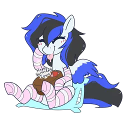 Size: 1500x1500 | Tagged: safe, artist:crimmharmony, derpibooru import, oc, oc:black ice, unofficial characters only, pegasus, pony, blushing, cake, clothes, cute, eyes closed, female, food, heart, mare, pillow, simple background, sitting, socks, solo, strawberry, striped socks, tongue out, transparent background