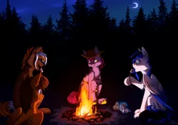 Size: 700x493 | Tagged: safe, derpibooru import, oc, oc:black ice, oc:wiley waves, unofficial characters only, earth pony, pegasus, pony, campfire, cute, female, food, forest, image, mare, marshmallow, moon, night, open mouth, png, sitting, solo